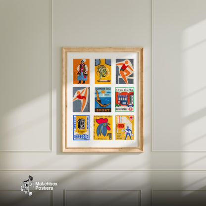 Orange and Blues Grid Print - vintage matchbox label print - living room mockup