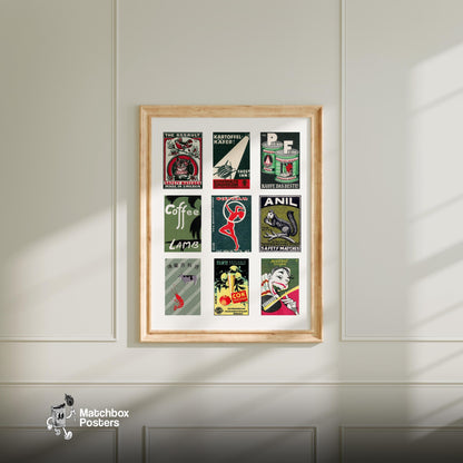 Dark Greens Grid Print - vintage matchbox label print - living room mockup