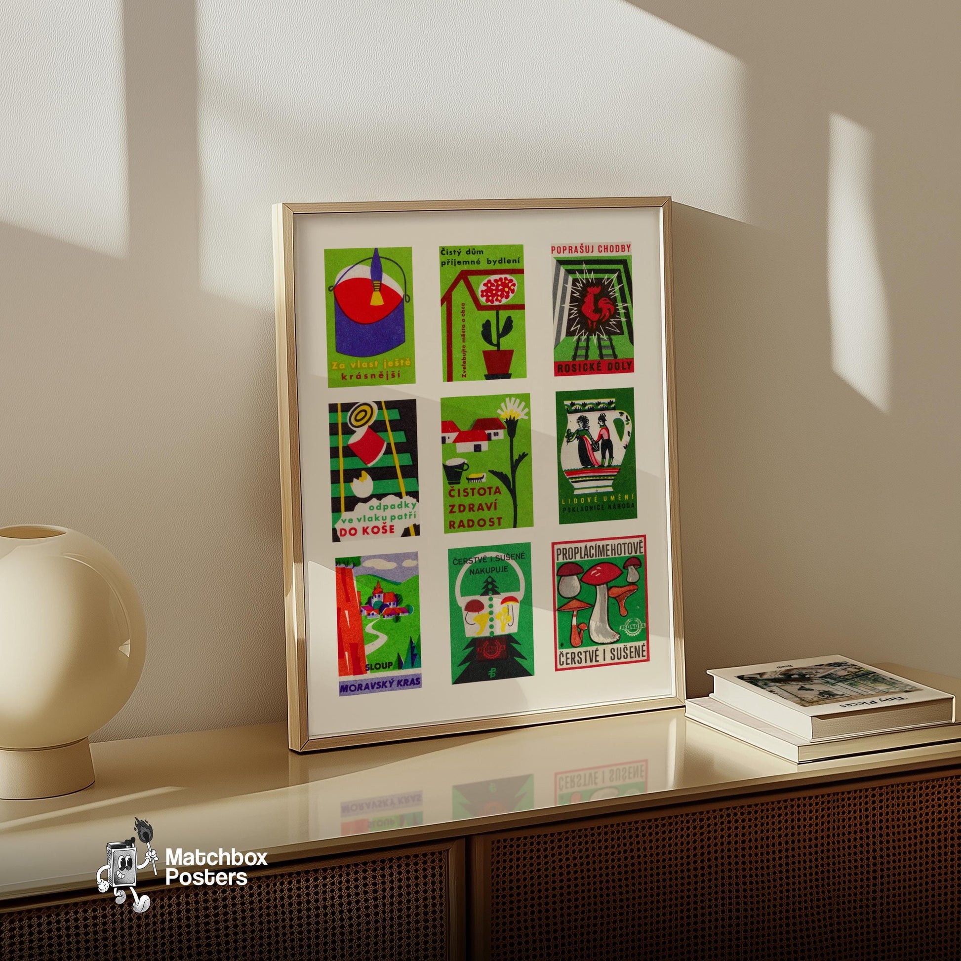 Green and Reds Grid Print - vintage matchbox label print - bedroom mockup
