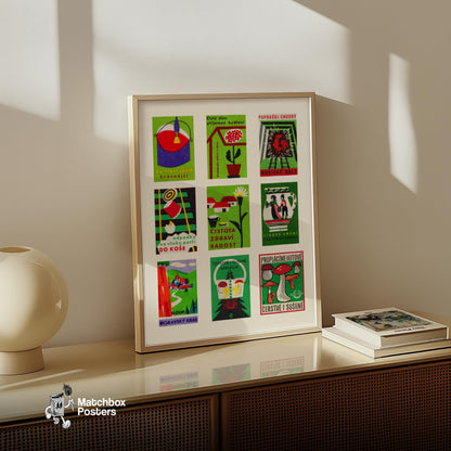 Green and Reds Grid Print - vintage matchbox label print - bedroom mockup