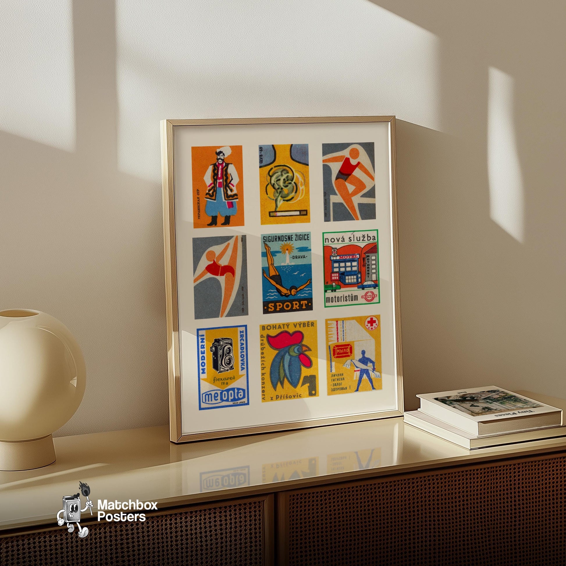 Orange and Blues Grid Print - vintage matchbox label print - bedroom mockup