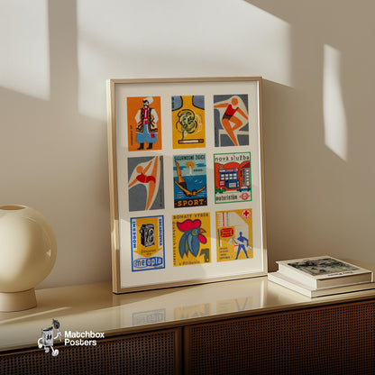 Orange and Blues Grid Print - vintage matchbox label print - bedroom mockup