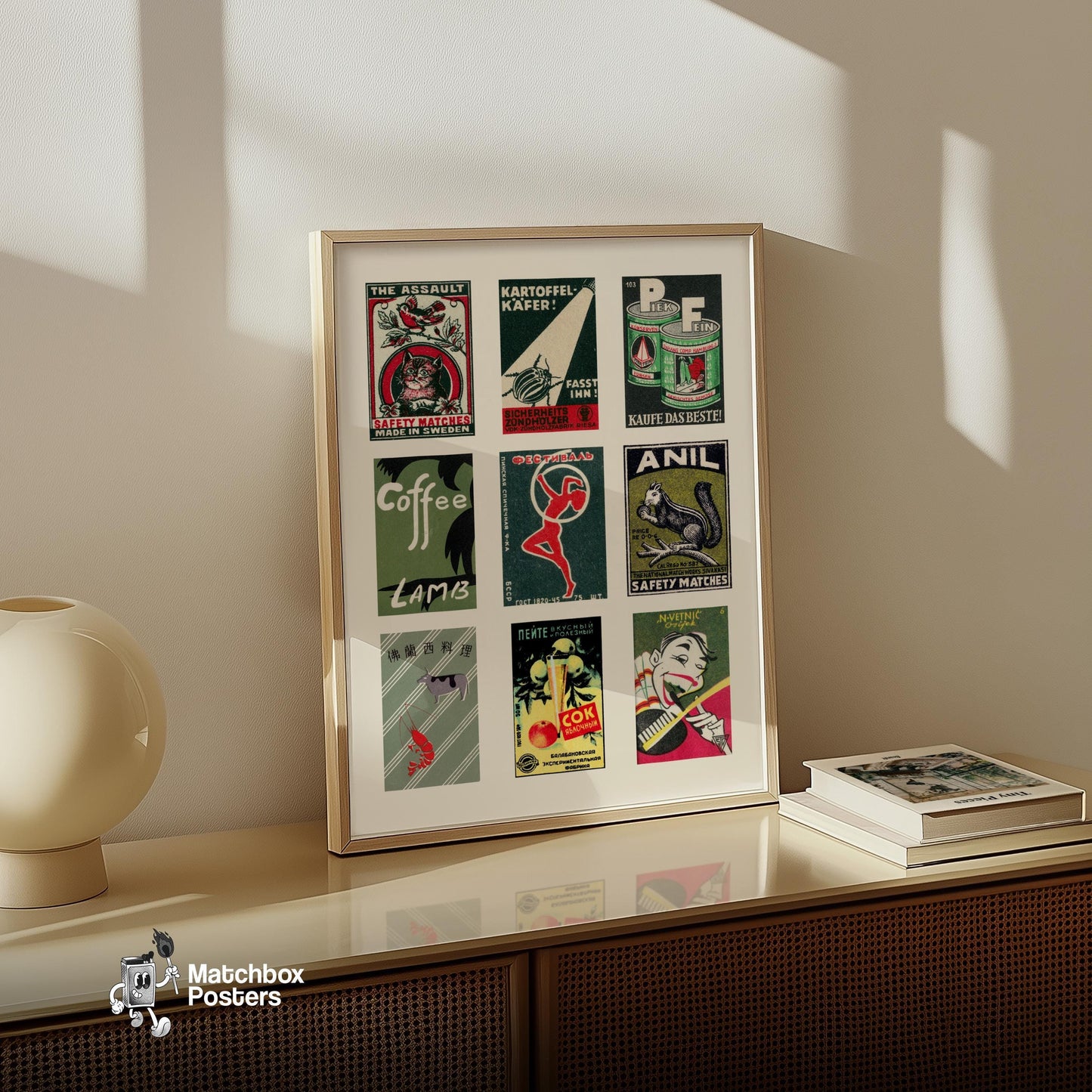 Dark Greens Grid Print - vintage matchbox label print - bedroom mockup