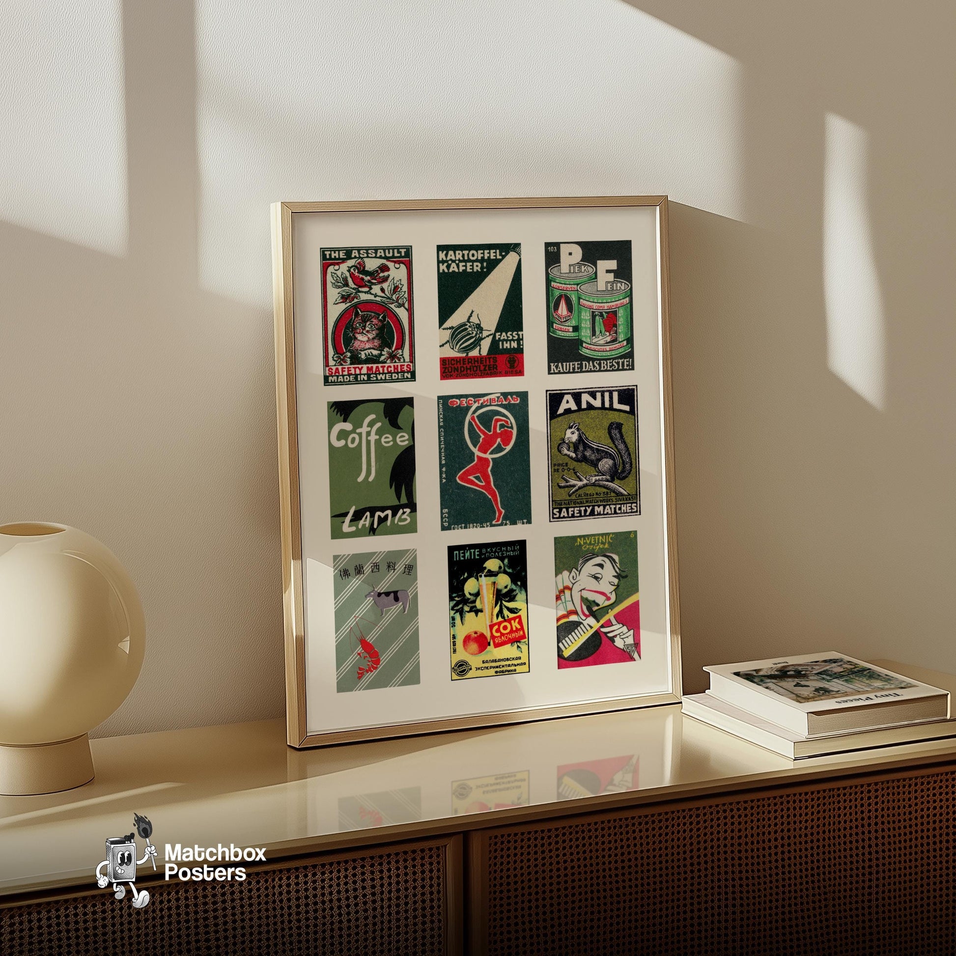 Dark Greens Grid Print - vintage matchbox label print - bedroom mockup