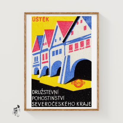 Row Of Stylized Houses - vintage matchbox label print