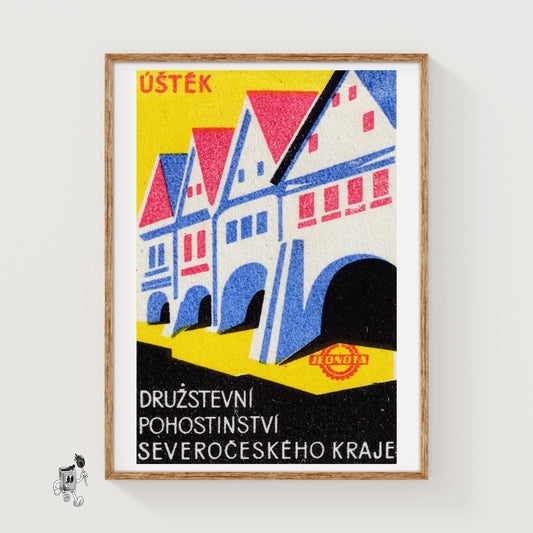 Row Of Stylized Houses - vintage matchbox label print