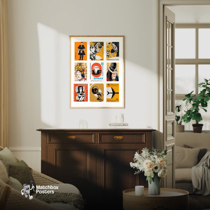 Orange and Blacks Grid Print - vintage matchbox label print - framed wall art preview