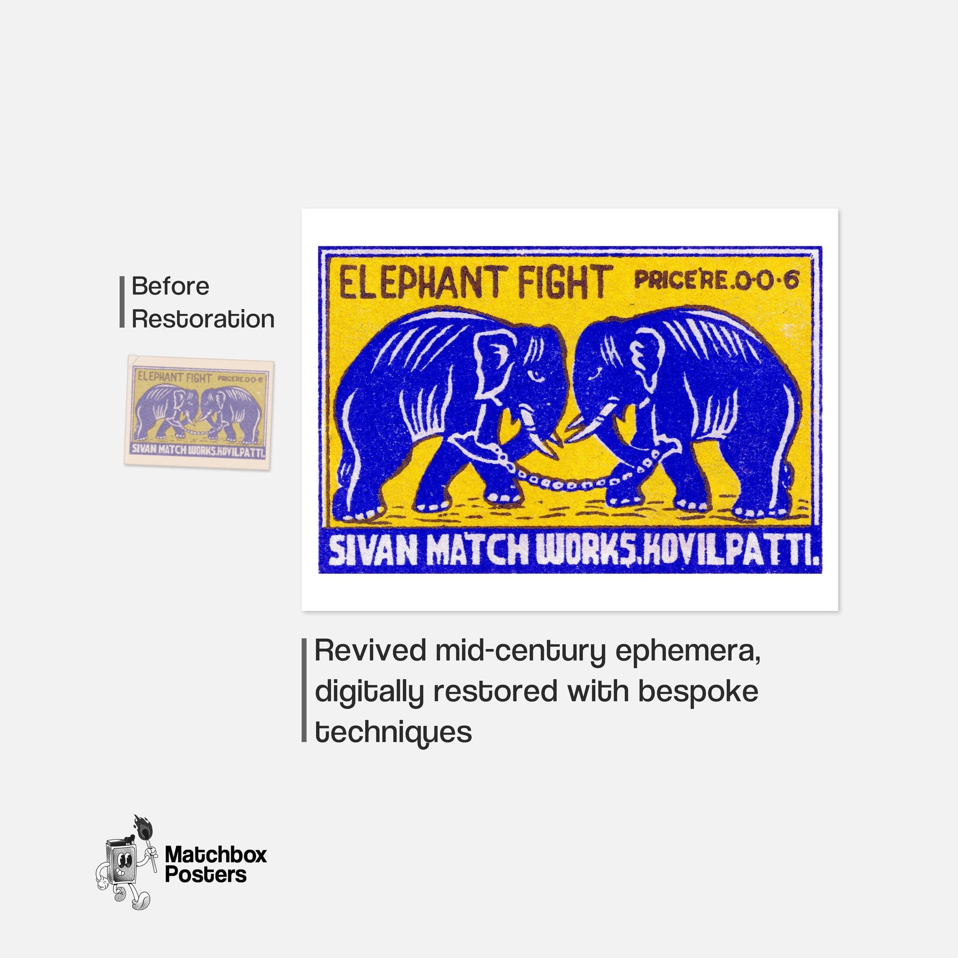 Fighting Elephants - vintage matchbox label print - framed wall art preview