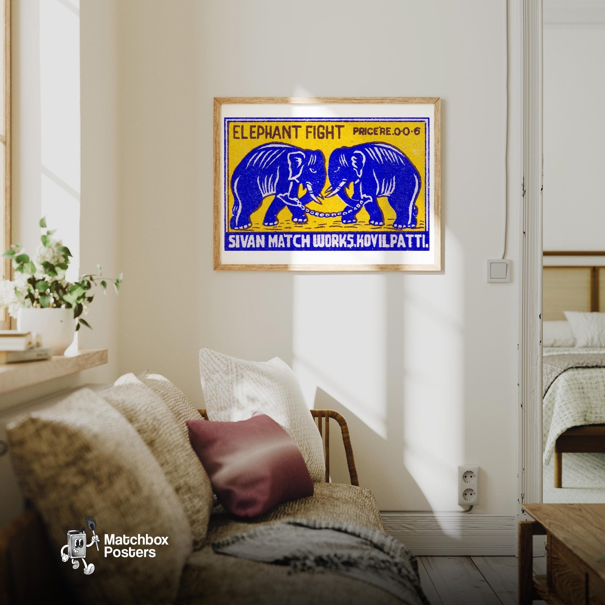 Fighting Elephants - vintage matchbox label print - living room mockup