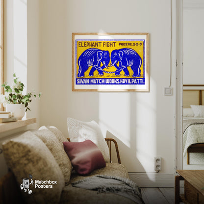 Fighting Elephants - vintage matchbox label print - living room mockup