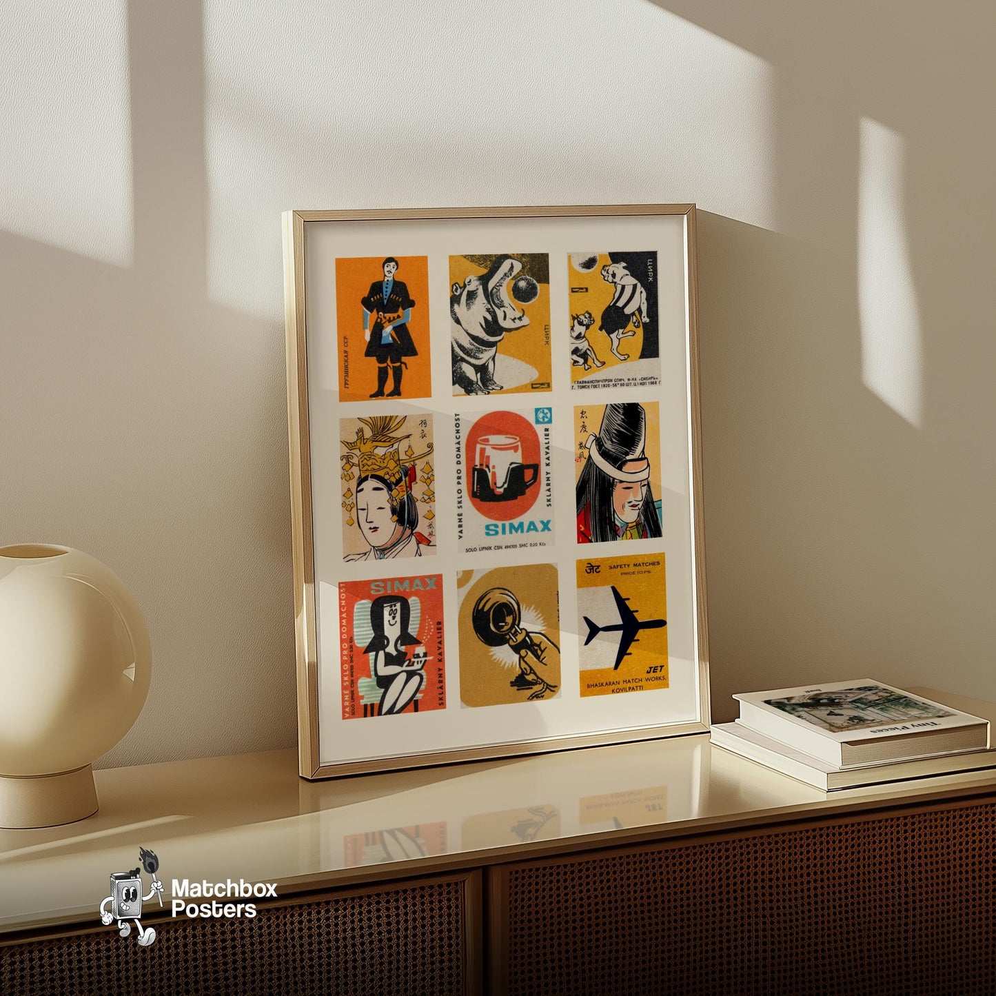 Orange and Blacks Grid Print - vintage matchbox label print - bedroom mockup