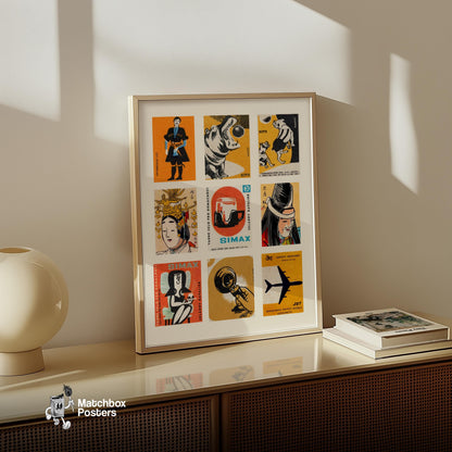 Orange and Blacks Grid Print - vintage matchbox label print - bedroom mockup