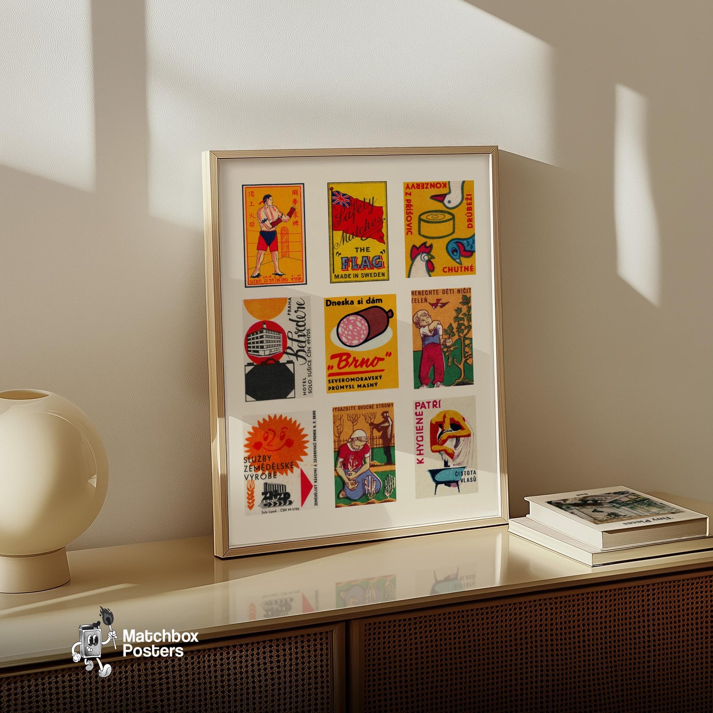 Orange and Reds Grid Print - vintage matchbox label print - bedroom mockup