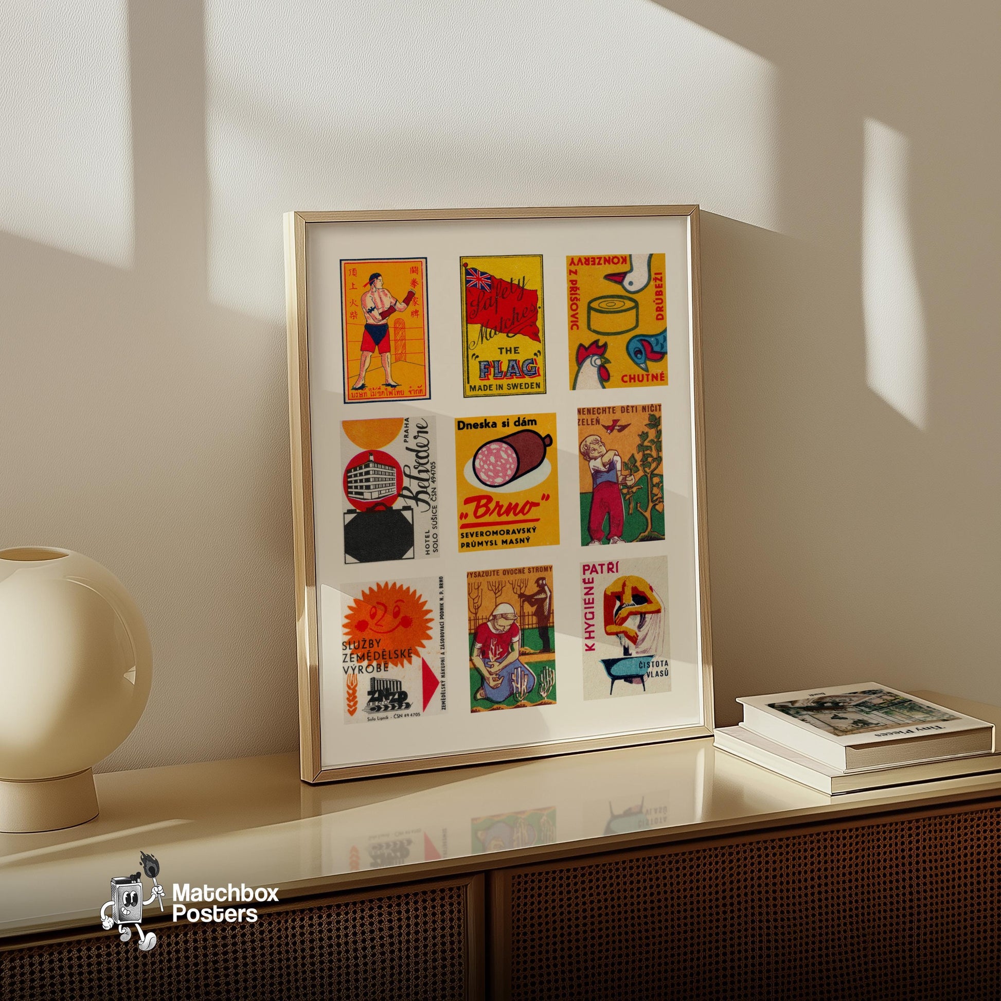 Orange and Reds Grid Print - vintage matchbox label print - bedroom mockup