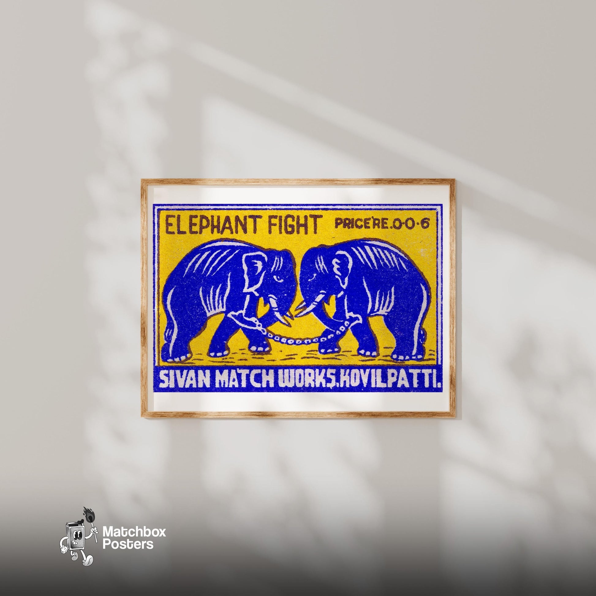 Fighting Elephants - vintage matchbox label print - bedroom mockup