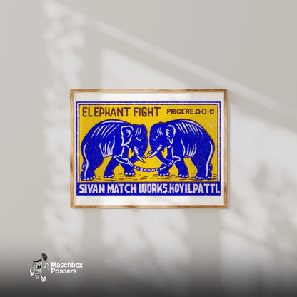 Fighting Elephants - vintage matchbox label print - bedroom mockup