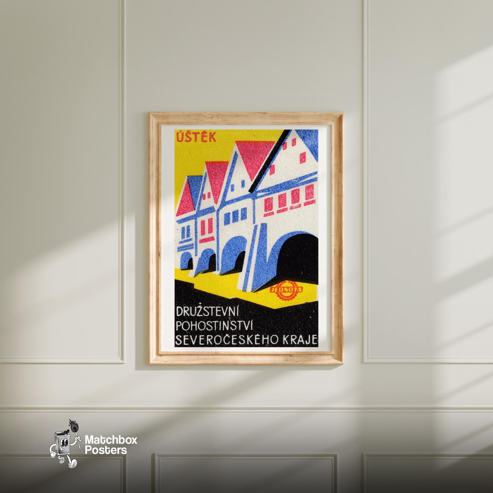 Row Of Stylized Houses - vintage matchbox label print - bedroom mockup