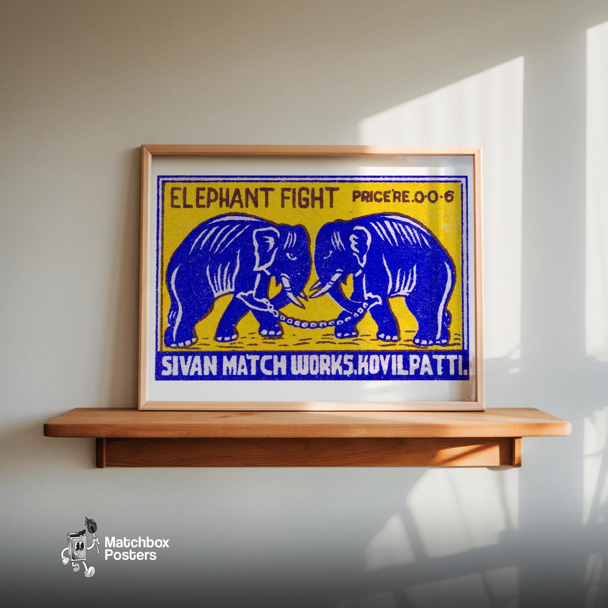 Fighting Elephants - vintage matchbox label print - size comparison