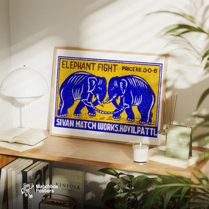 Fighting Elephants - vintage matchbox label print - office wall