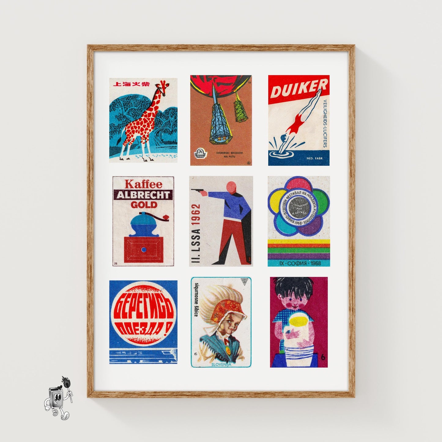 Red and Blues Grid Print - vintage matchbox label print