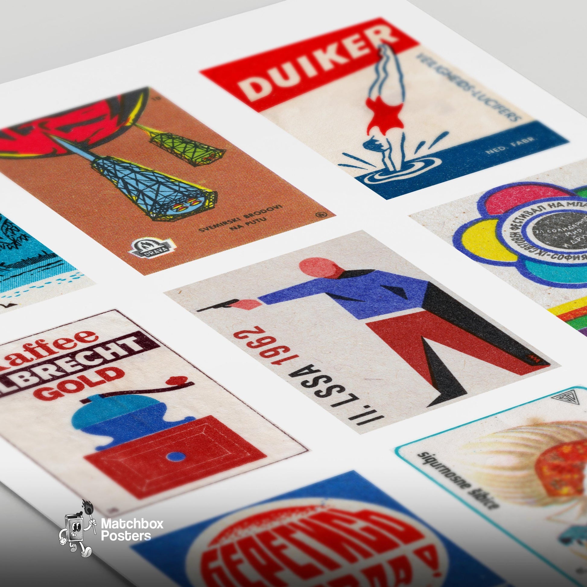 Red and Blues Grid Print - vintage matchbox label print - close-up detail