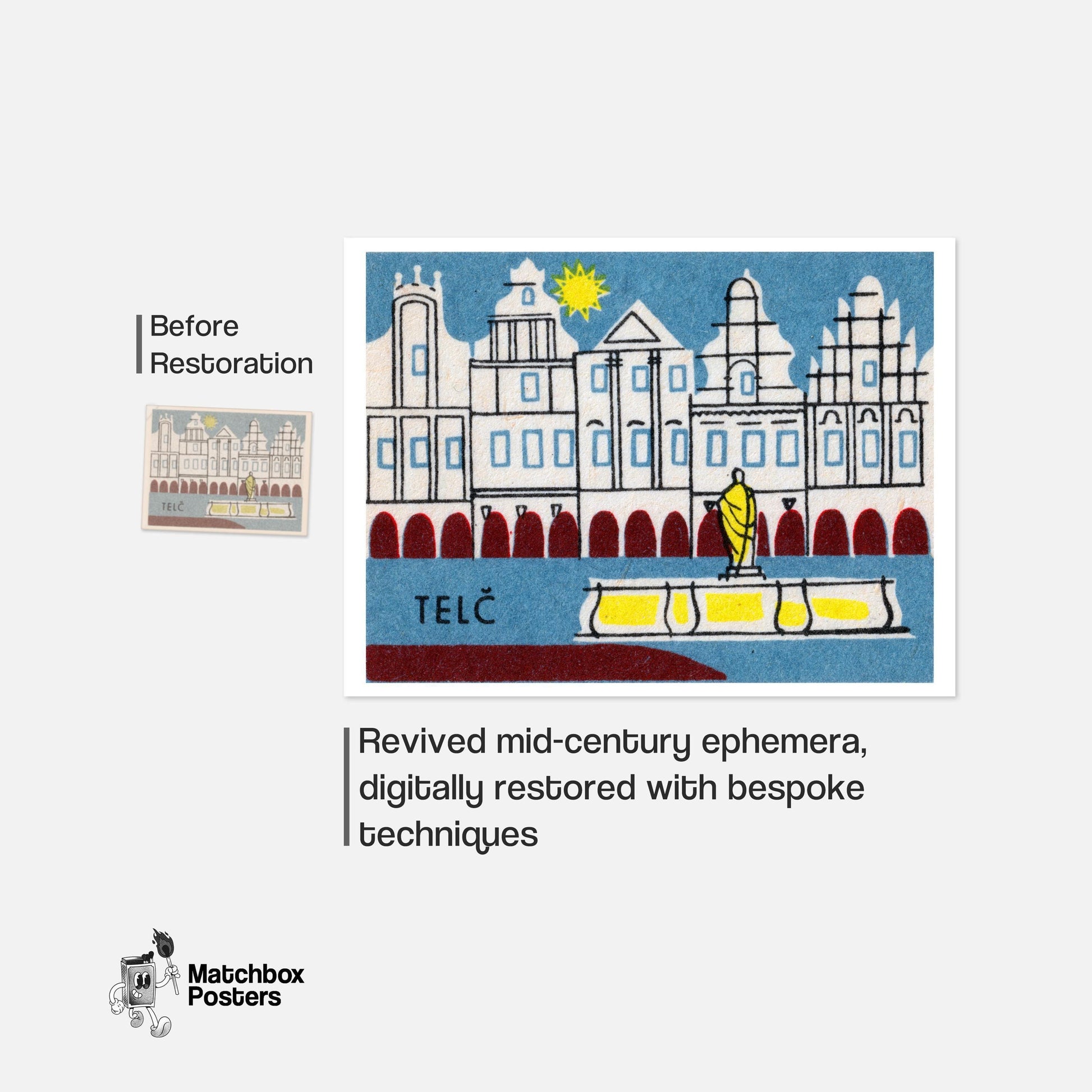 Telč Historic Buildings - vintage matchbox label print - framed wall art preview