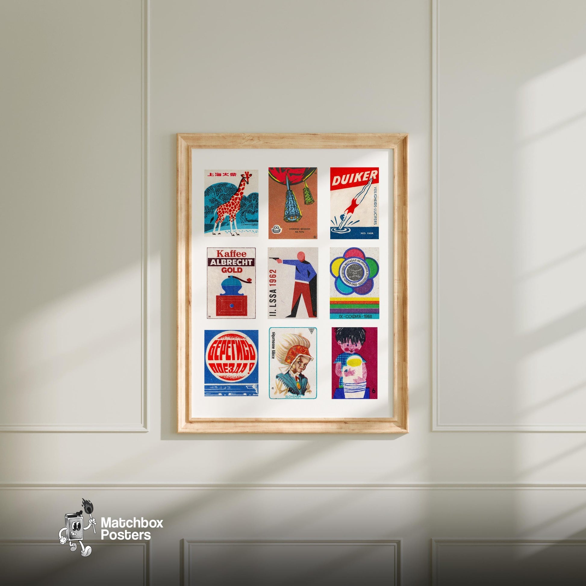 Red and Blues Grid Print - vintage matchbox label print - living room mockup