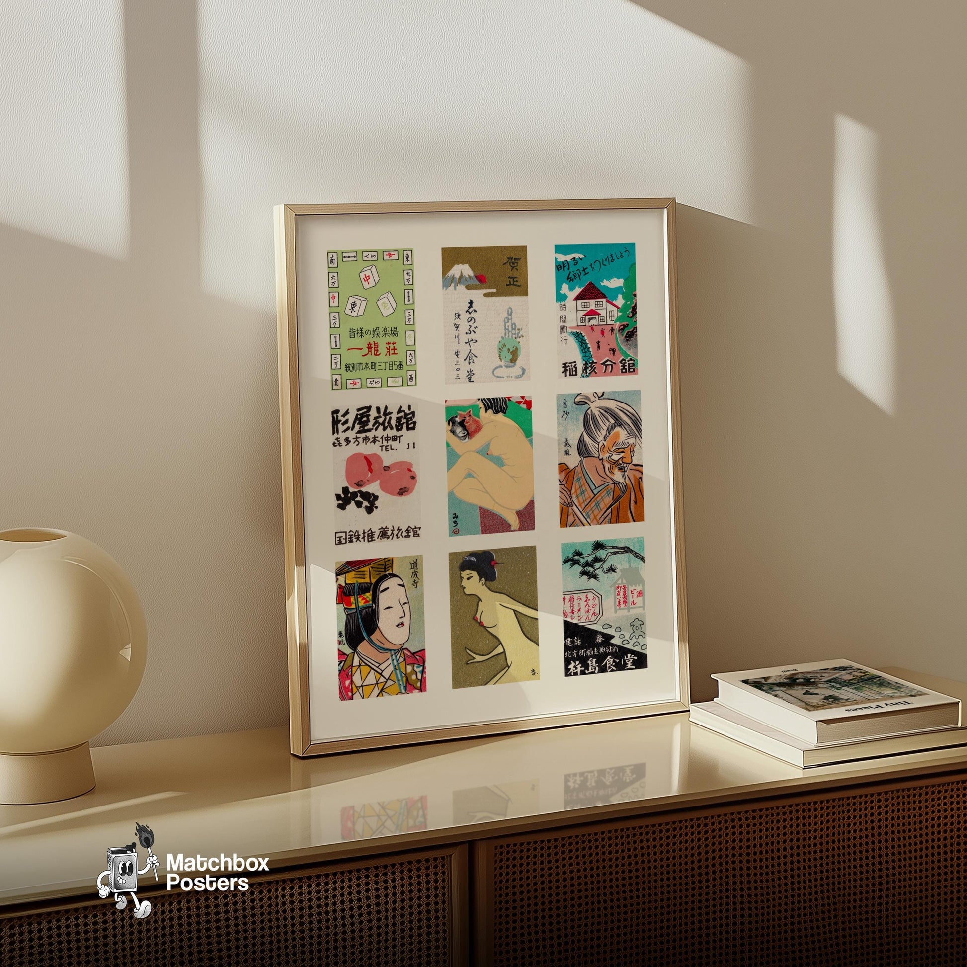 Japanese Collage - vintage matchbox label print - bedroom mockup