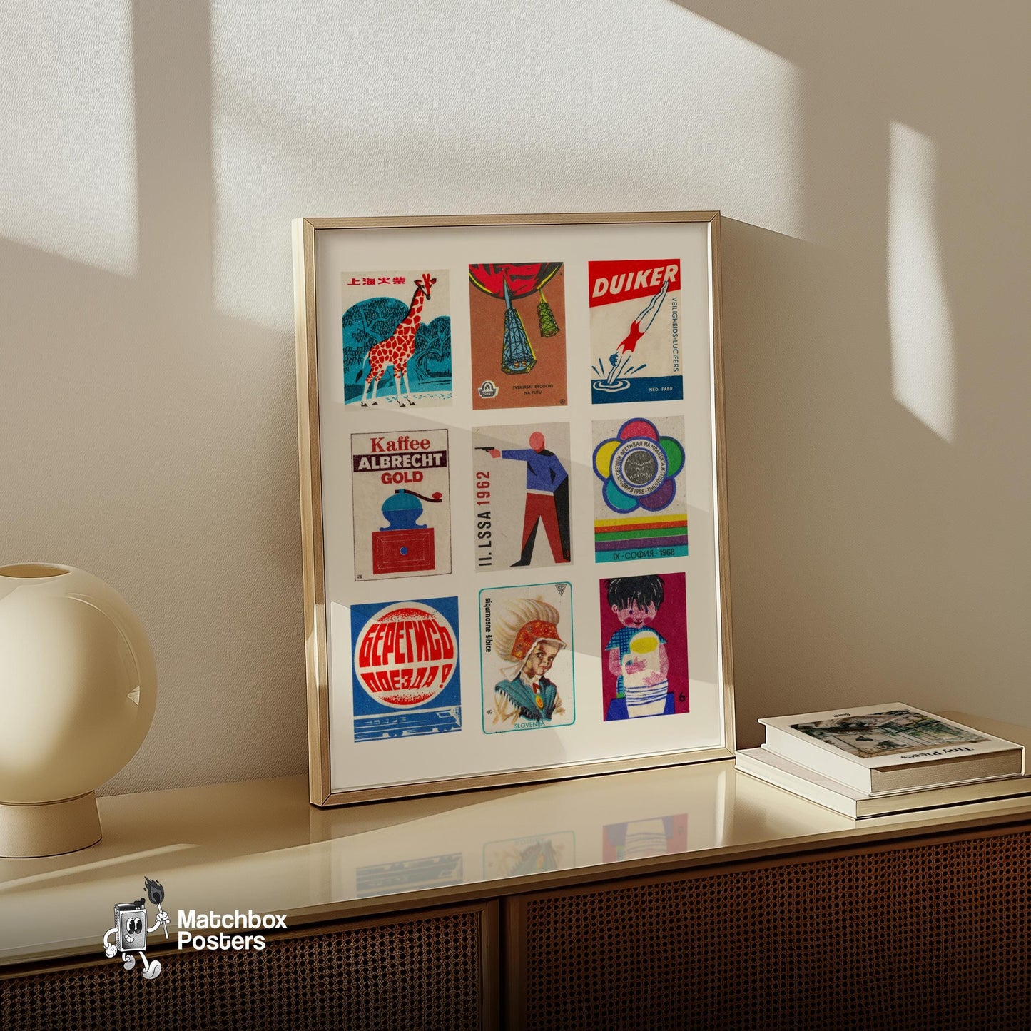 Red and Blues Grid Print - vintage matchbox label print - bedroom mockup