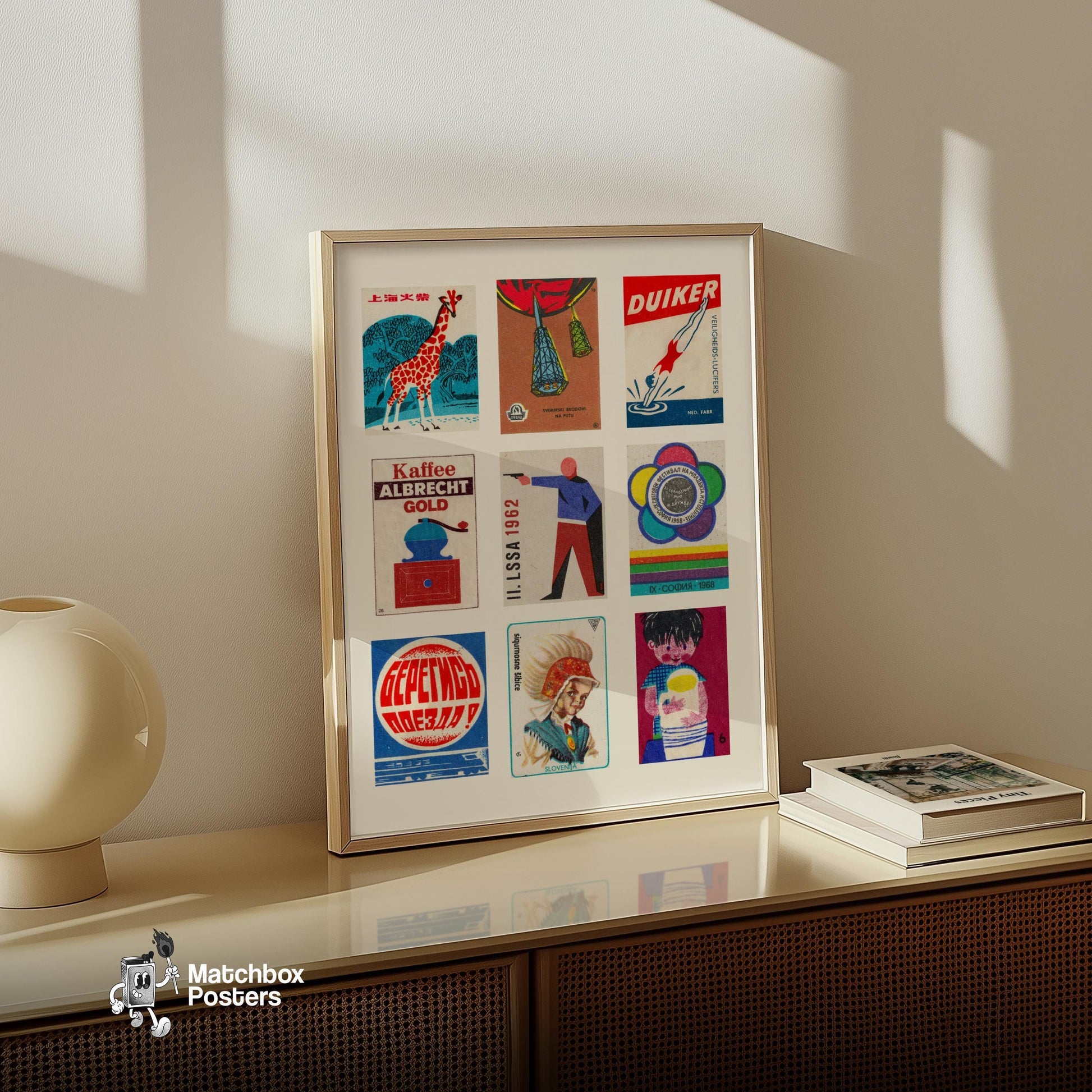 Red and Blues Grid Print - vintage matchbox label print - bedroom mockup
