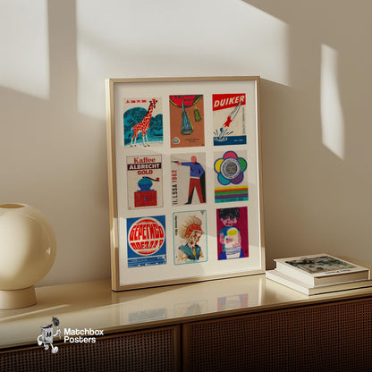 Red and Blues Grid Print - vintage matchbox label print - bedroom mockup