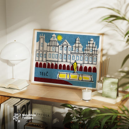 Telč Historic Buildings - vintage matchbox label print - office wall