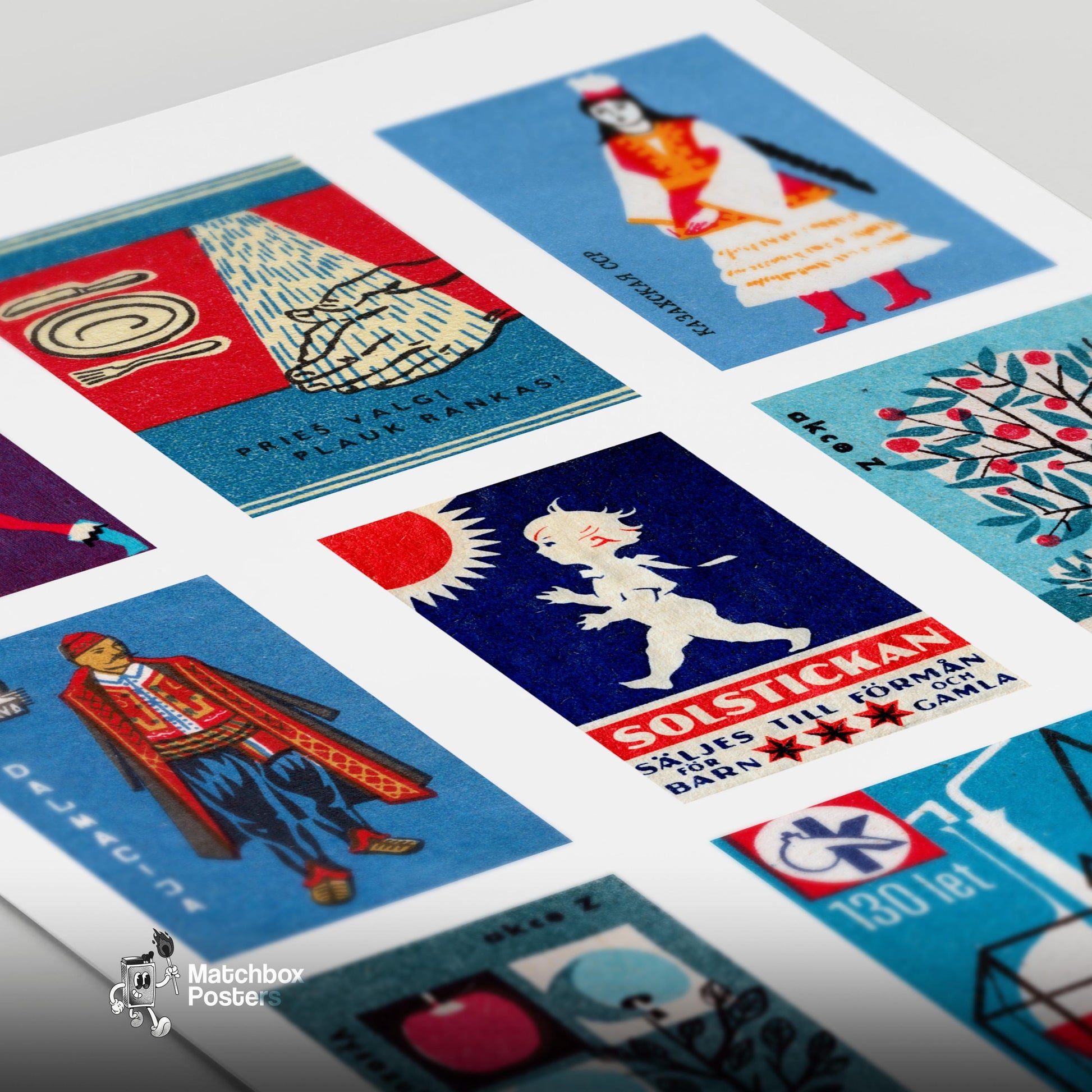 Blue and Reds Grid Print - vintage matchbox label print - close-up detail