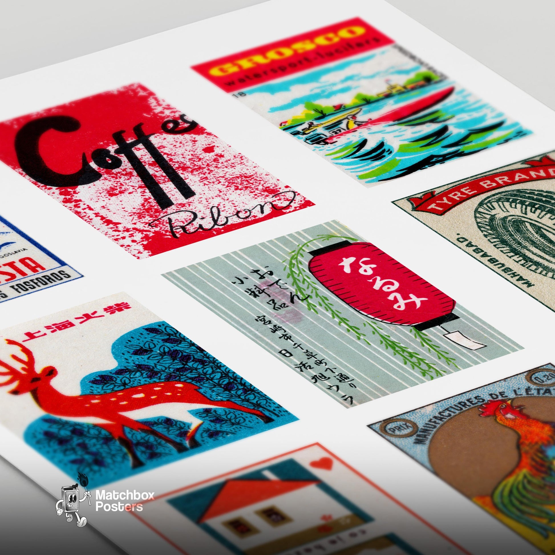 Reds Grid Print - vintage matchbox label print - close-up detail