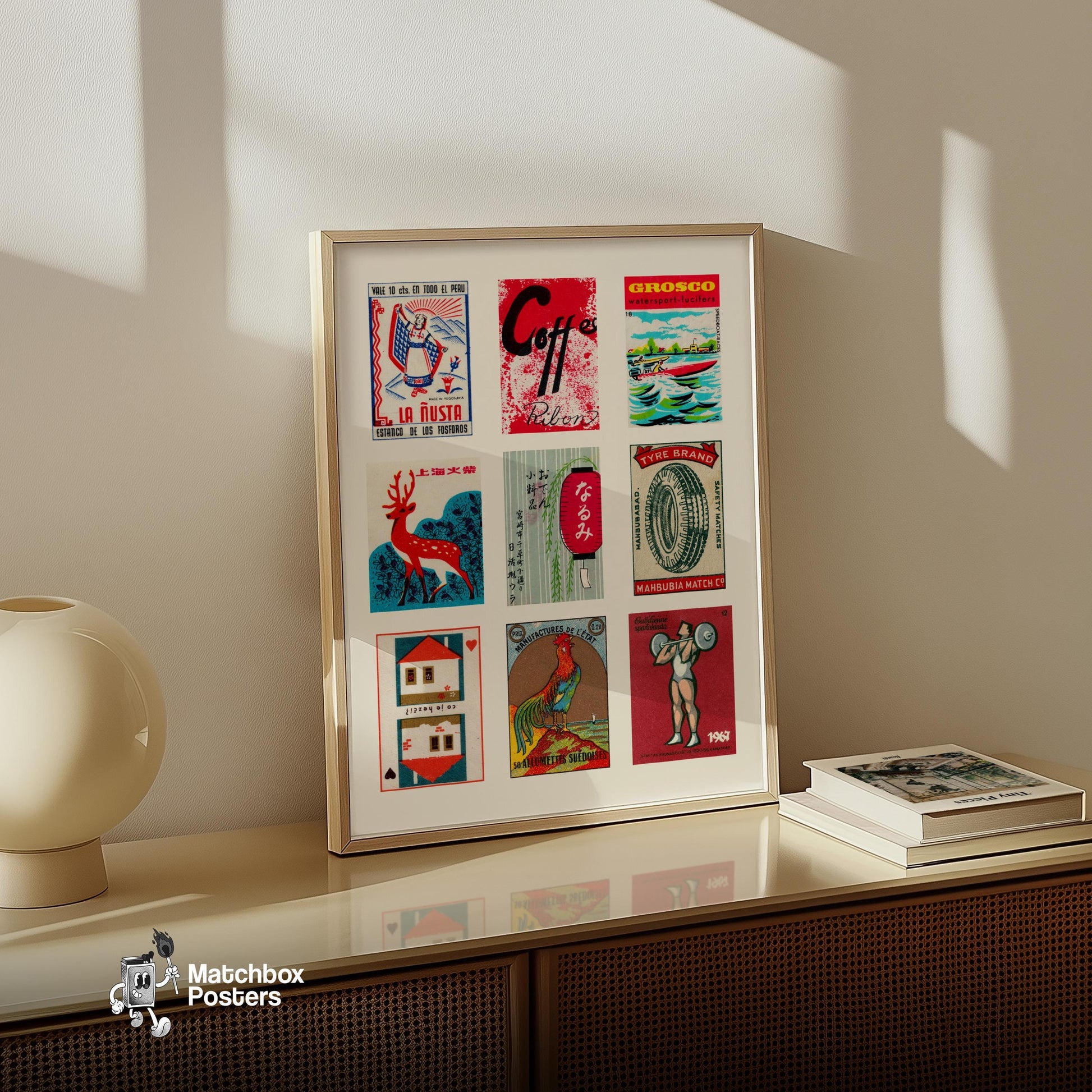 Reds Grid Print - vintage matchbox label print - bedroom mockup