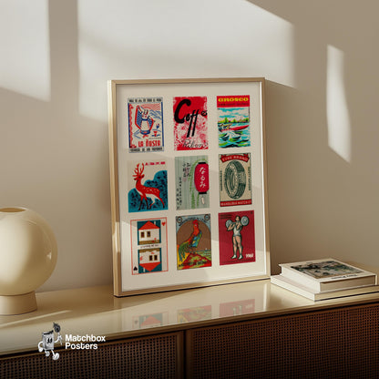 Reds Grid Print - vintage matchbox label print - bedroom mockup