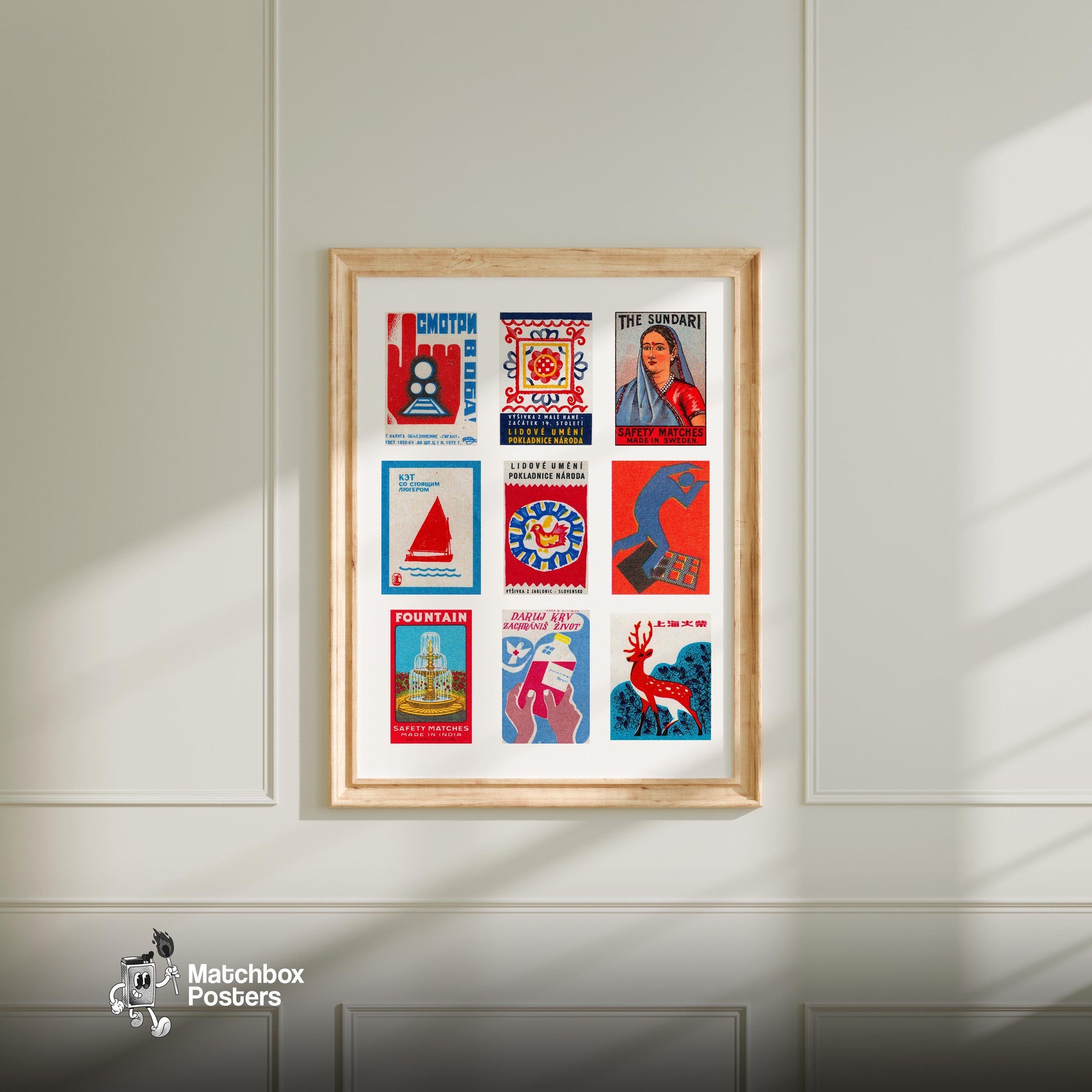 Red and Blues Grid Print - vintage matchbox label print - living room mockup