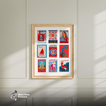 Red and Blues Grid Print - vintage matchbox label print - living room mockup