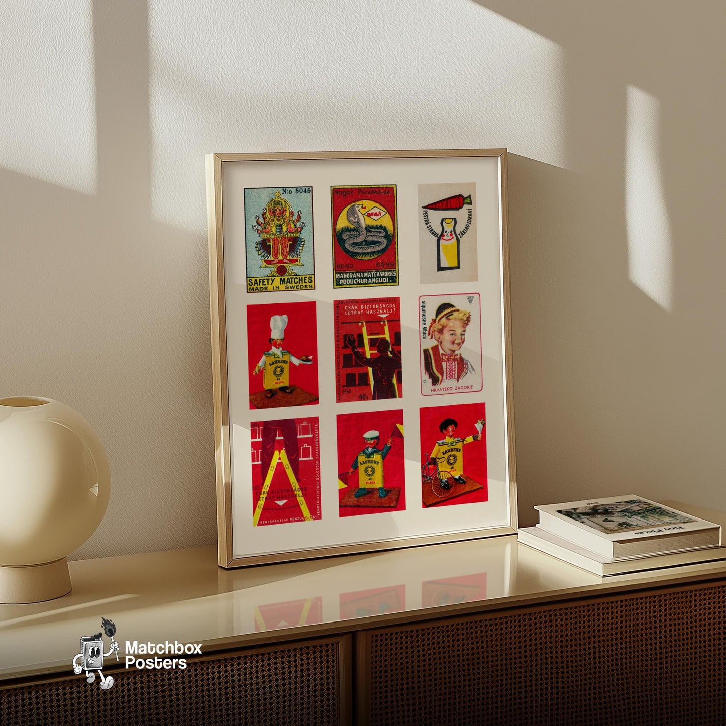 Red and Yellows Grid Print - vintage matchbox label print - bedroom mockup