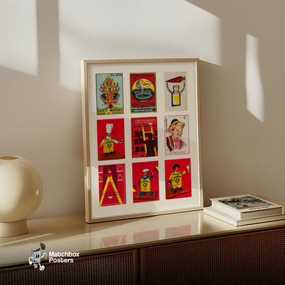 Red and Yellows Grid Print - vintage matchbox label print - bedroom mockup
