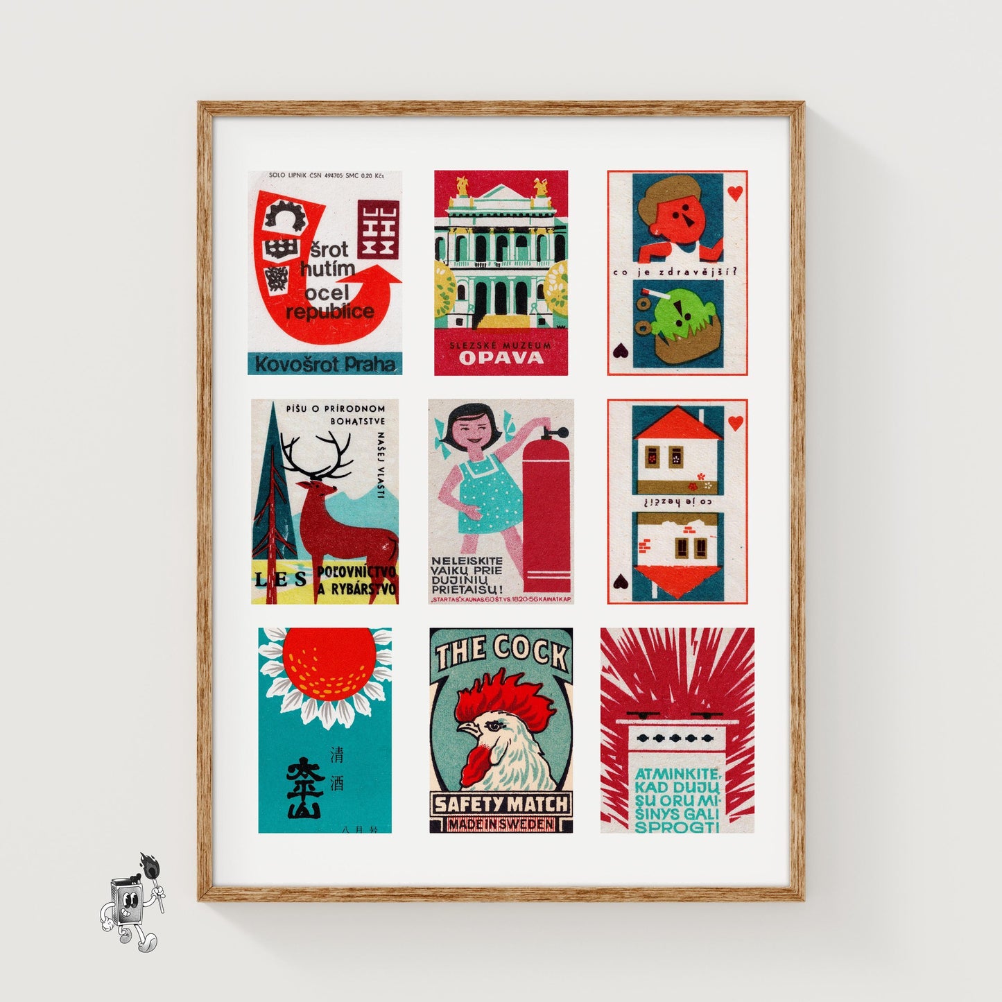 Red and Teals Grid Print - vintage matchbox label print