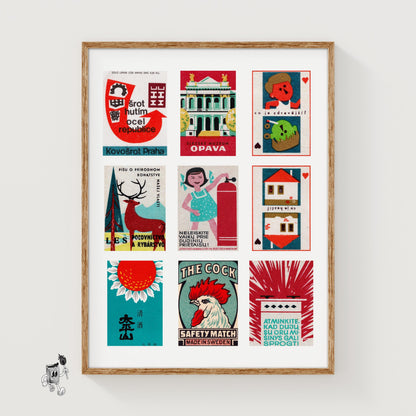 Red and Teals Grid Print - vintage matchbox label print