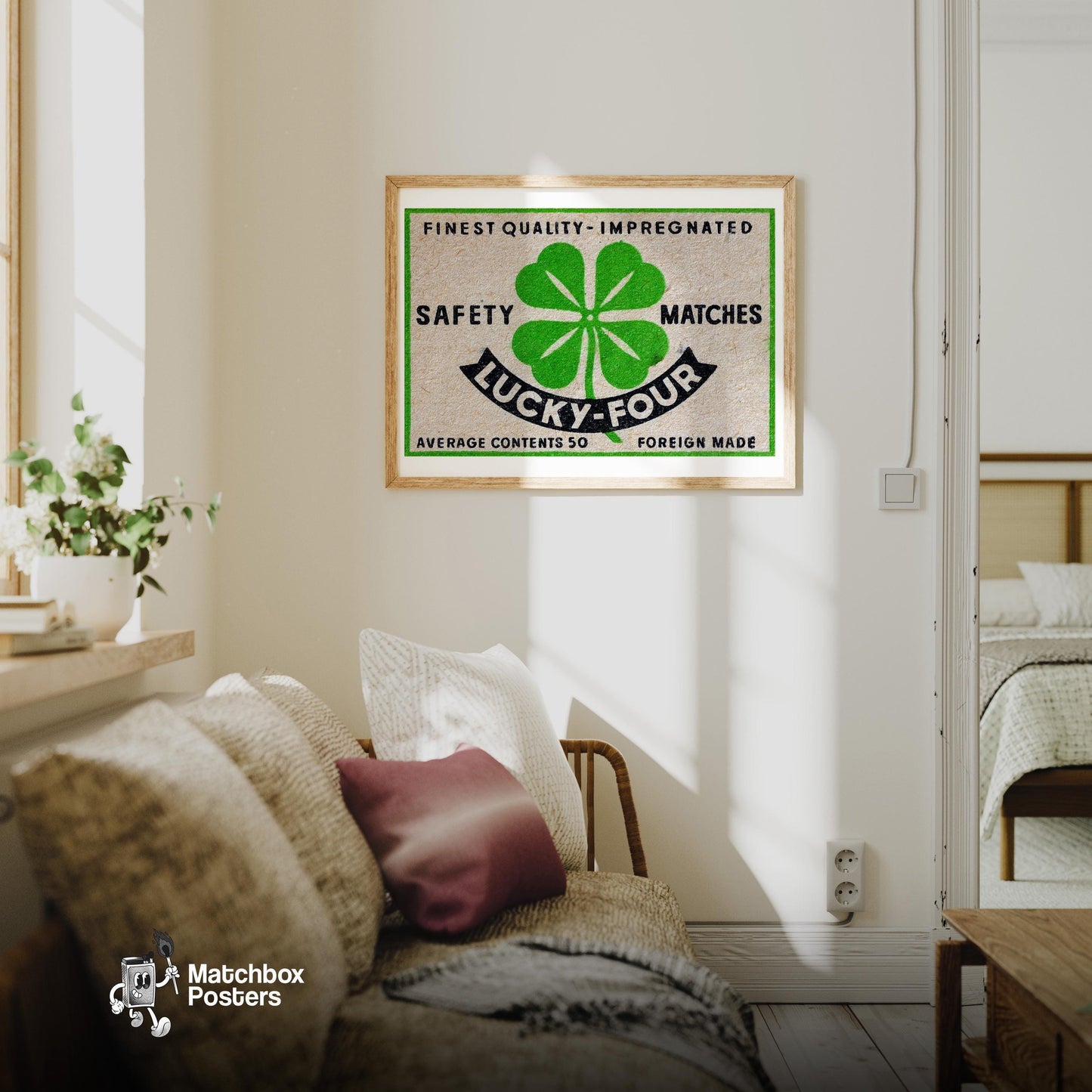 Four-Leaf Clover - vintage matchbox label print - living room mockup