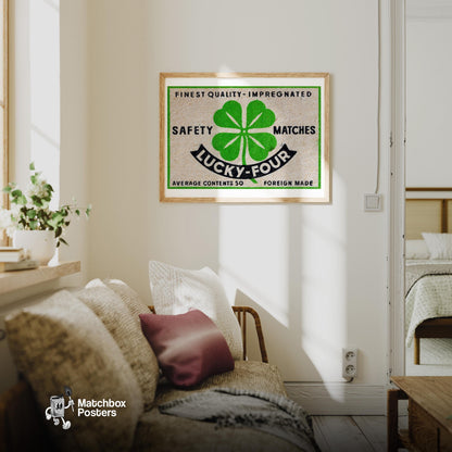 Four-Leaf Clover - vintage matchbox label print - living room mockup