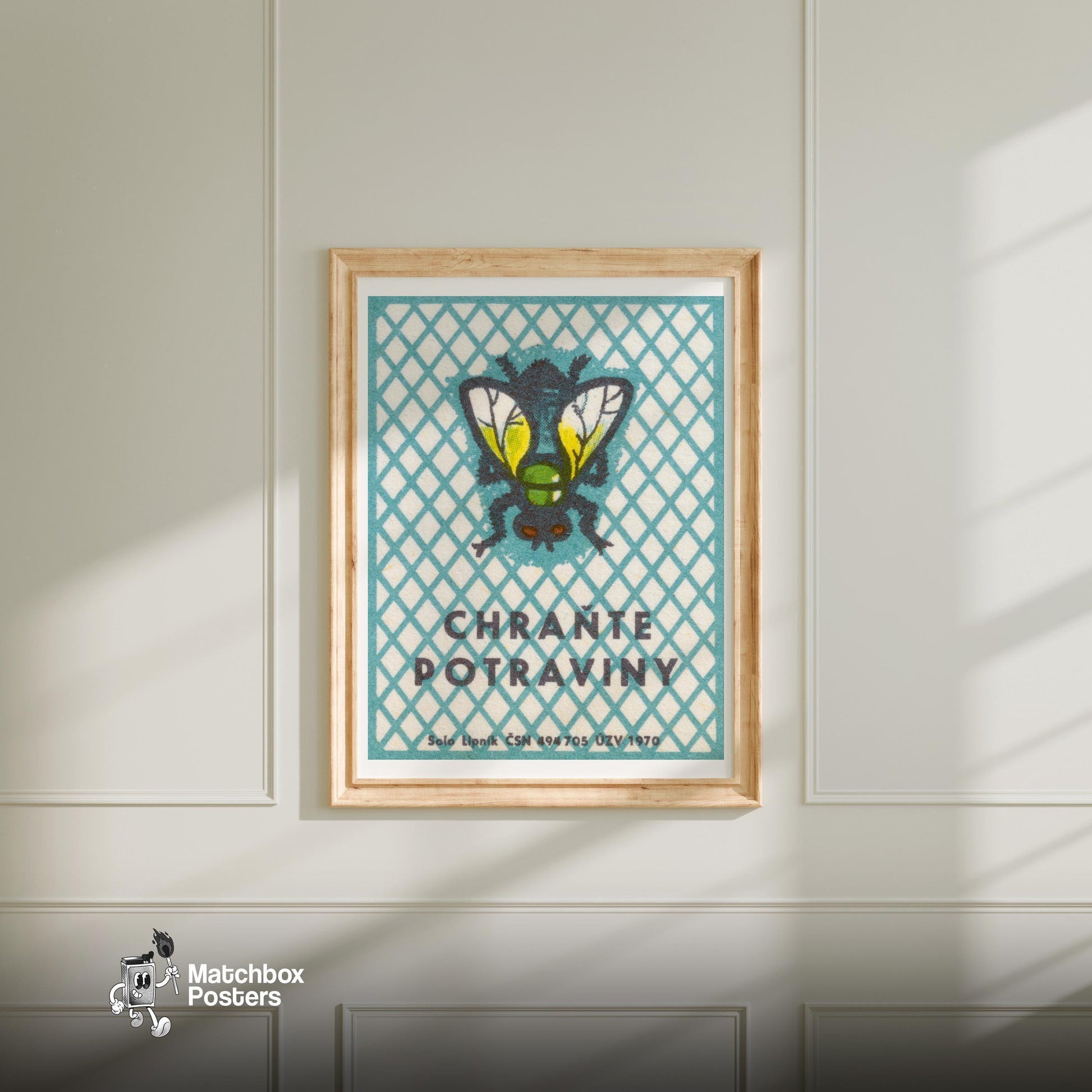 Fly - vintage matchbox label print - bedroom mockup