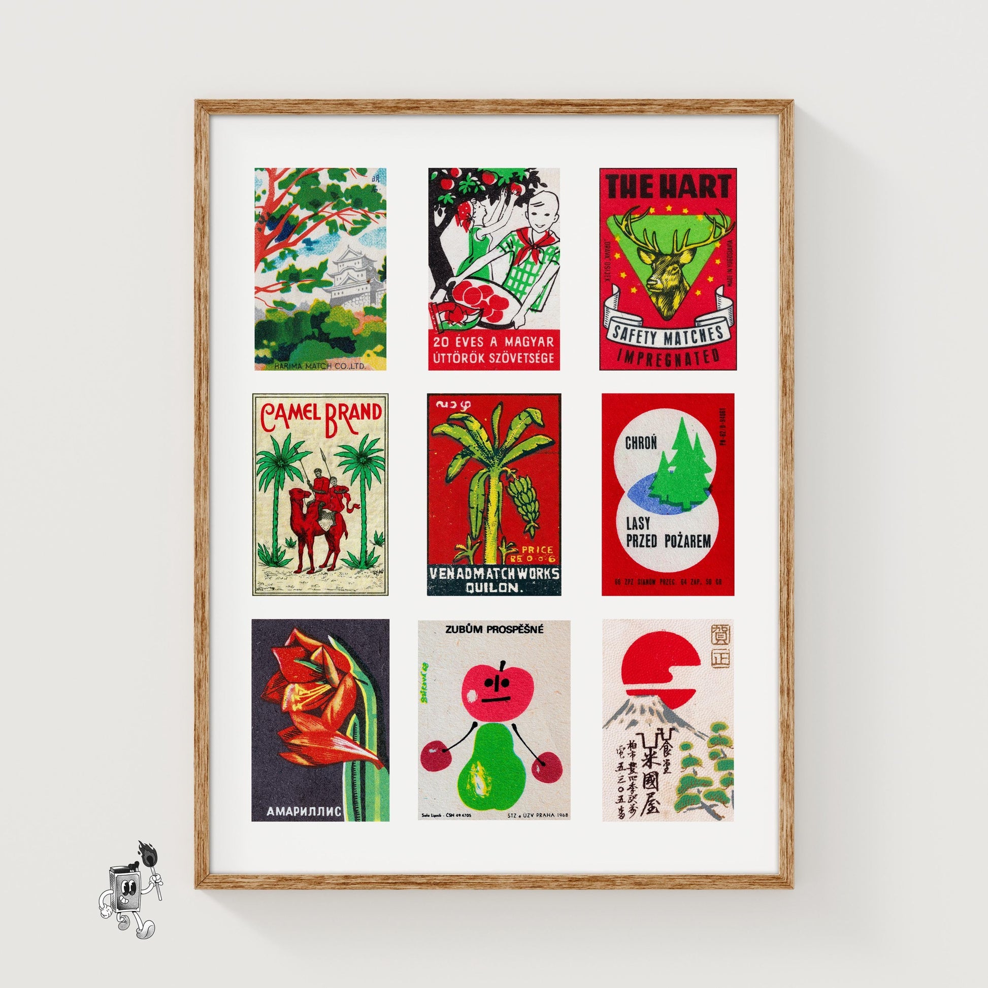 Red and Greens Grid Print - vintage matchbox label print