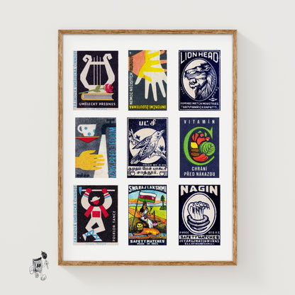 Dark Blues Grid Print - vintage matchbox label print
