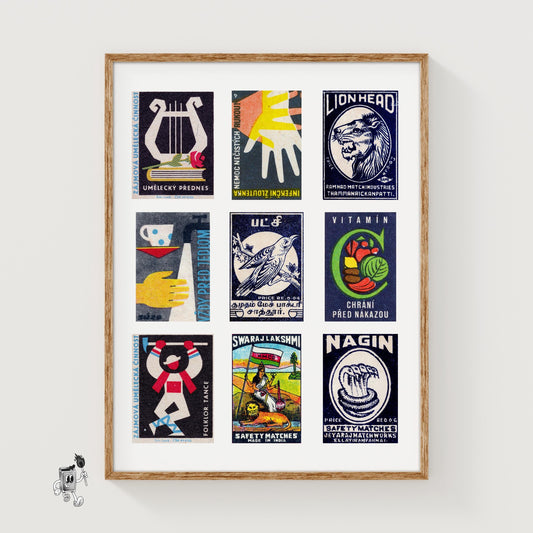 Dark Blues Grid Print - vintage matchbox label print