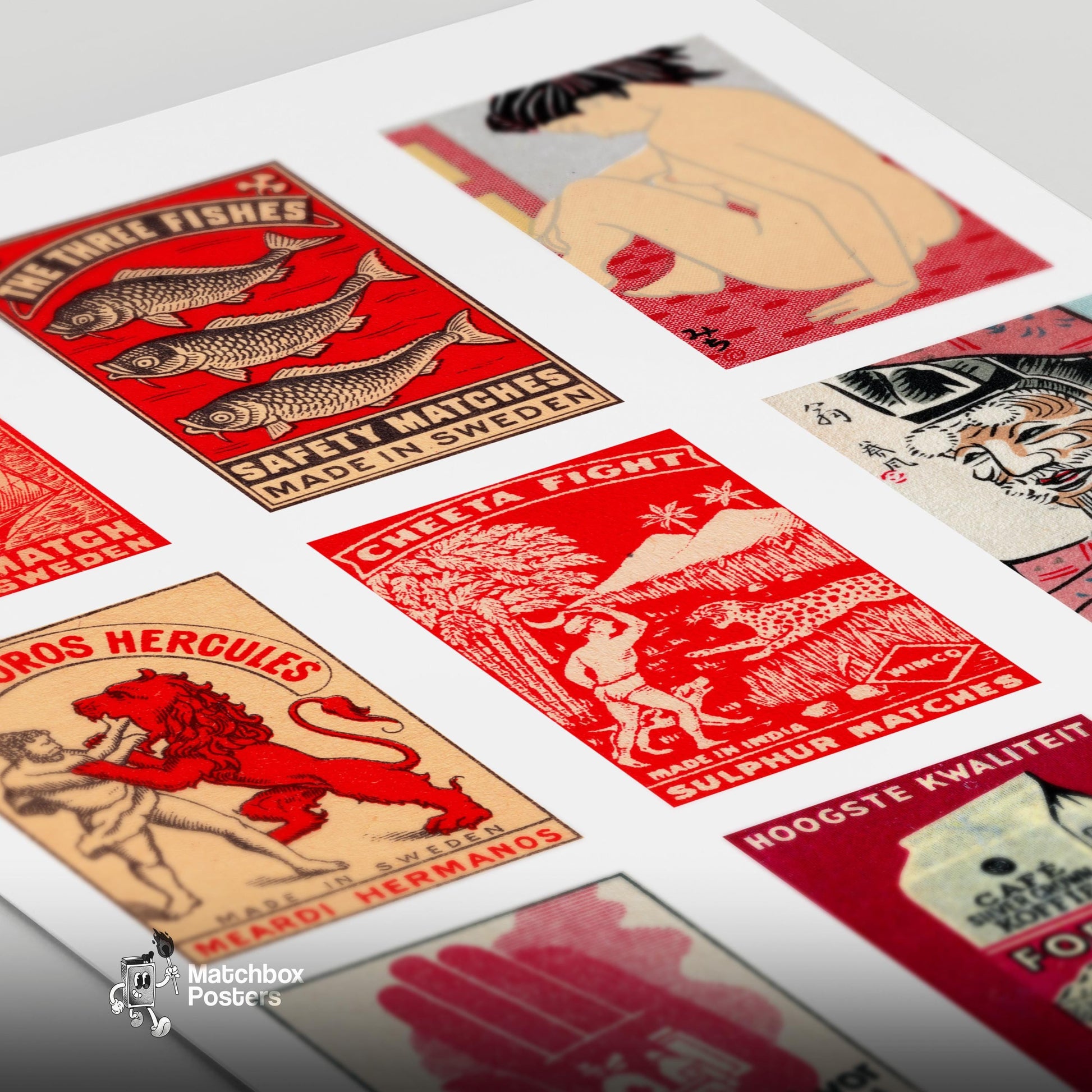Red and Beiges Grid Print - vintage matchbox label print - close-up detail
