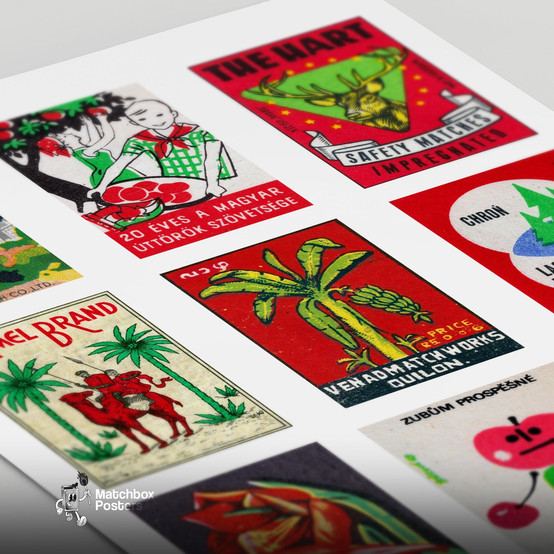 Red and Greens Grid Print - vintage matchbox label print - close-up detail
